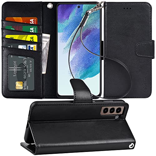 Arae Case for Samsung Galaxy S21 FE PU Leather Wallet Case Cover [Stand Feature] with Wrist Strap and [4-Slots] ID&Credit Cards Pocket (S21 FE-6.4 inch, Black)