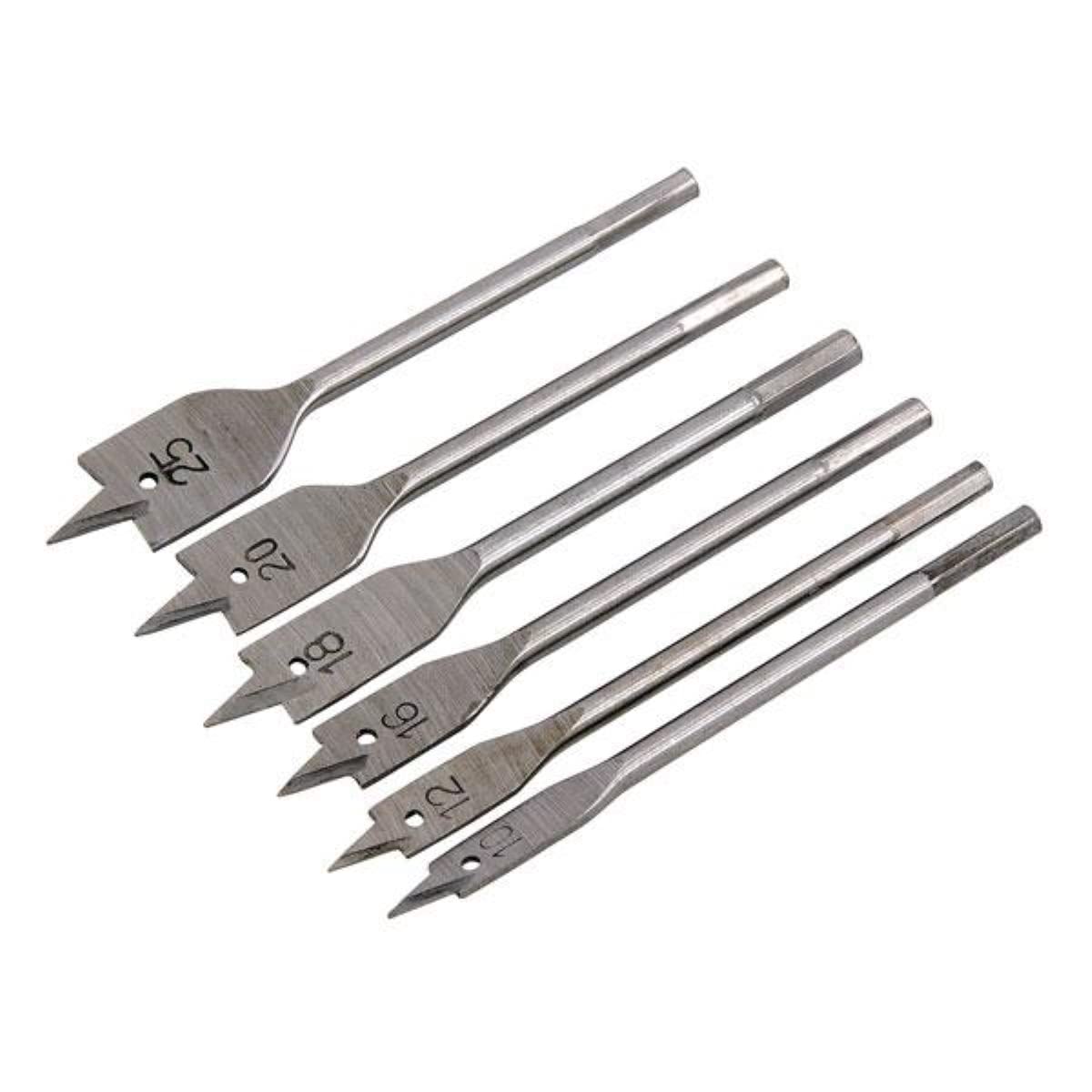 Neilsen CT0288-6pc Flat Wood Drill Bit Set with Partial 6mm Hex Shank - Sizes 10mm to 25mm - Ideal for Wood Drilling