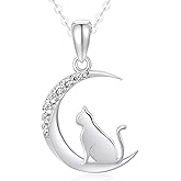14k Gold Cat and Moon Pendant Necklace for Women, Real 14 Karat Gold Jewelry for Wife/Girlfriend, Birthday Gifts for Her, 16-18 Inch