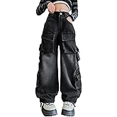 AOWKULAE Girls Jeans Cargo Pants Baggy Wide Leg High Elastic Waistband Kids Straight Denim Pant with Pockets 5-14Y