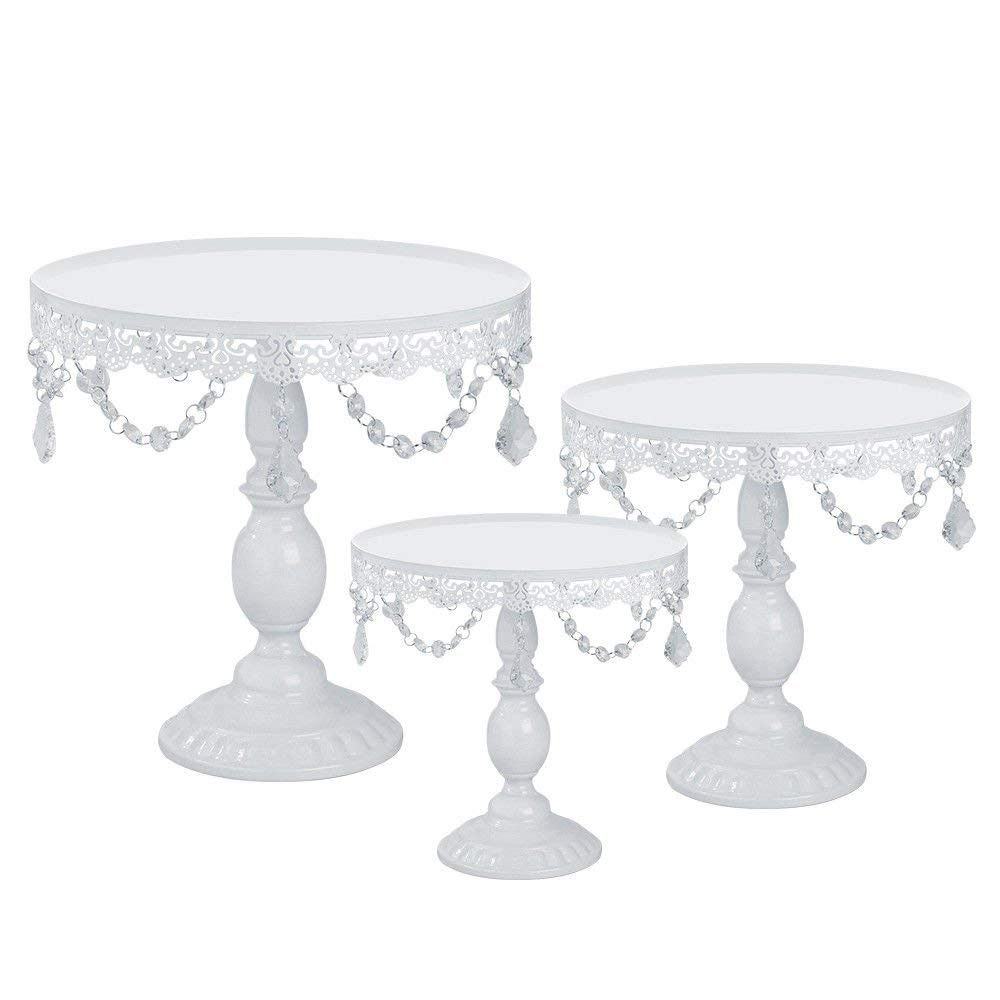 Victoria Style Antique Golden Crystal Cake Stand, Round Plate Metal Dessert Cupcake Pedestal Wedding Party Display with Crystals (White, 3PCS)