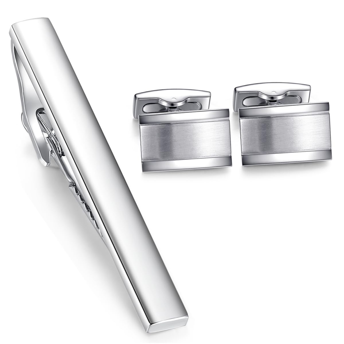 HONEY BEAR Cufflinks Tie Clip Set For Mens - Rectangle Silver, for Business Wedding Gift (style 2 with box)