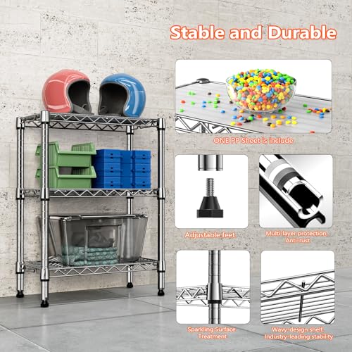 M MZG Metal Shelving Unit with 3 Levels, Load Capacity 340 kg, Adjustable Shelves for Kitchen, Bathroom, Pantry and Office, Study, Chrome, 30 x 55 x 72.5 cm