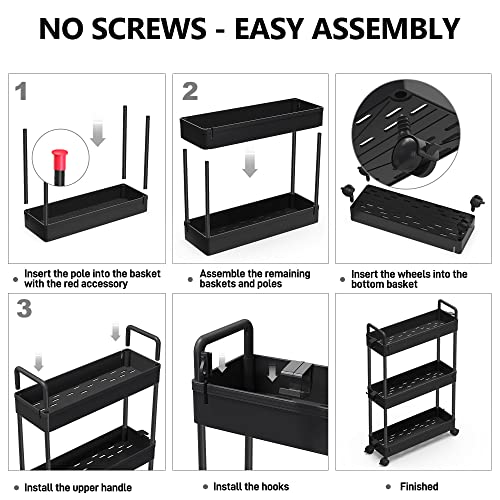 SOLEJAZZ Slim Storage Cart, 3 Tier Mobile Shelving Unit Rolling Utility