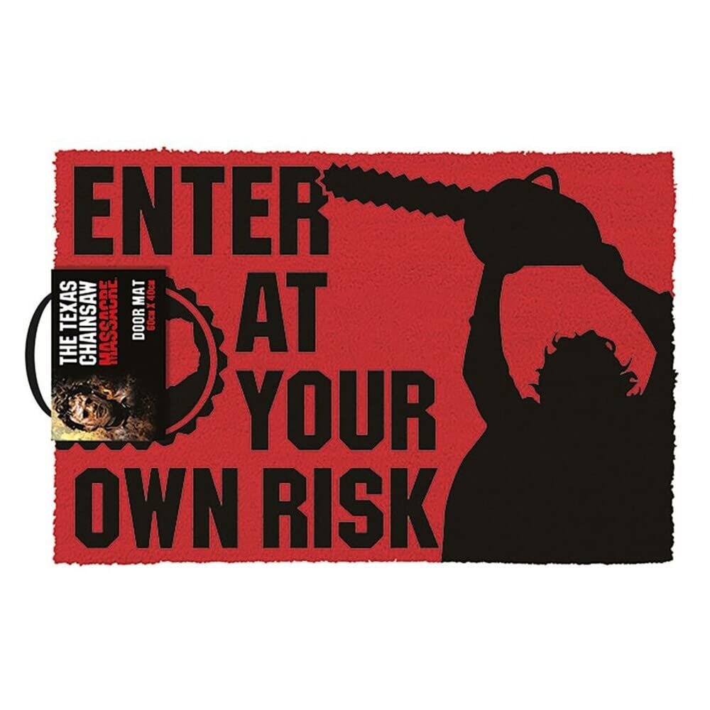 Texas Chainsaw Massacre Doormat (Enter at Your Own Risk Design) Red and Black Novelty Door Mat, 60cm x 40cm - Official Merchandise