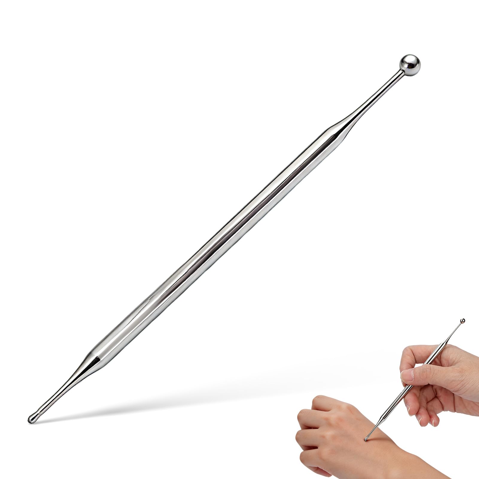 Agatige Dual Head Facial Reflexology Tools, 15cm Stainless Steel Acupuncture Needle Portable Ear and Body Point Probe Pen Self Deep Tissue Massage Tool