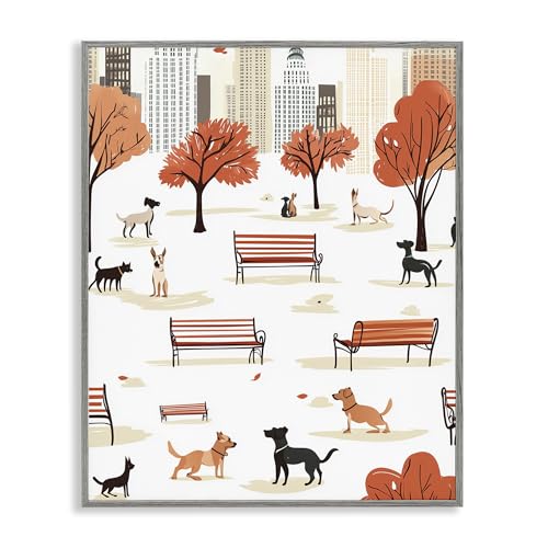 Stupell Industries Autumn City Park Dogs Gray Framed Giclee Art, design by Arli…