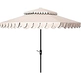 SAFAVIEH 9ft Outdoor Patio Umbrella, Double Top, Valance, Beige & White Trim, Double Top, Auto Crank Tilt, UV Resistant for Deck, Backyard, Poolside (PAT8206C)
