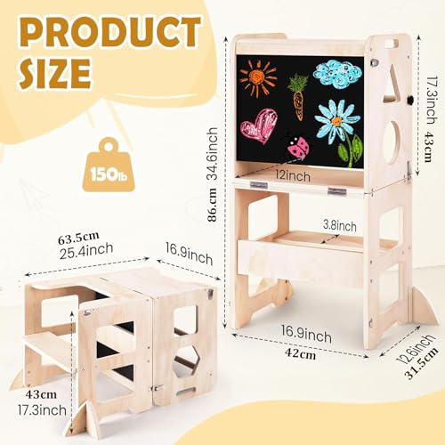 Toddler Kitchen Step Stool, Foldable Kid Learning Standing Tower with Blackboard, 4-in-1 Wooden Stool Helper for Kids, Natural 43 * 32 * 88Cm