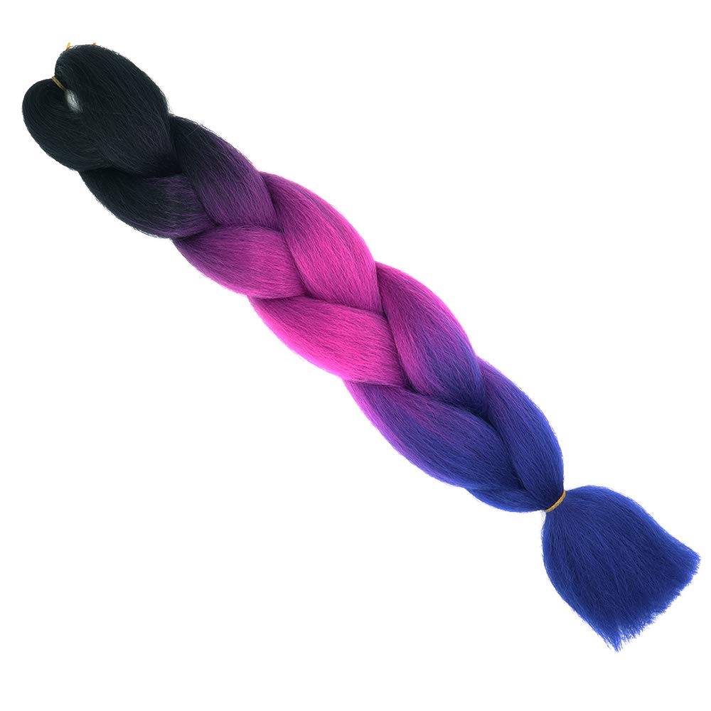 24" Braiding Hair Extension Jumbo Braids Synthetic Crochet Hair Afro Box Braid Heat Resistent (Black&Fuchsia&Blue Purple)
