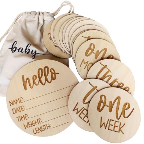 Wooden Milestone Cards and Discs 16pc Set for Baby Photos and First Year Milestones - New Parents and Baby Showers with 