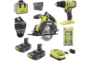 18-Volt Cordless 2-Tool Combo Bundle with Ryobi Drill & Circular Saw, (2) 1.5 Ah Batteries, Charger, Tool Bag, Impact Rated 20 Piece Drill Bit Set, Plus Buho Drill Holster and Buho Zipper Tool Pouch