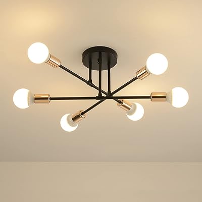 Hudi Fyier Modern Chandelier 6 Light Sputnik Ceiling Fixture Black Gold
