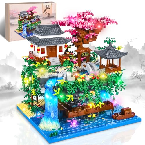 Charmofun 3320pcs Mini Building Bricks, Classic Chinese Garden Building Bricks Set with LED, Peach Blossom Pool Chinese Architecture, Creative STEM Gift for Kids and Adults