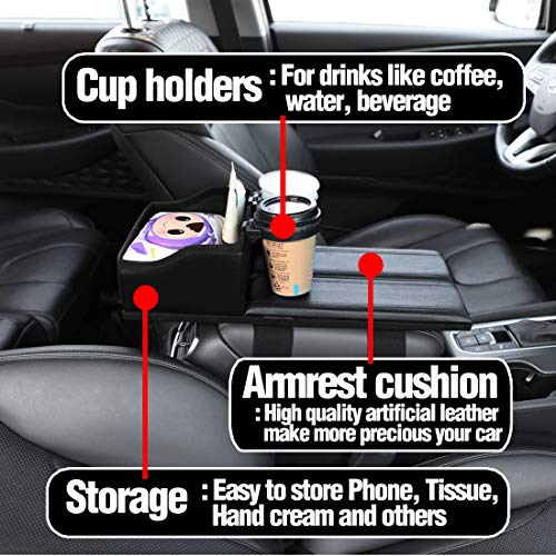KMMOTORS Multi_Func Armrest Cover Officially Licensed Custom Auto Armrest Cushion Center Consoles Rest, Cup Holder, Organizer for Car Motor Auto Vehicle (Black)
