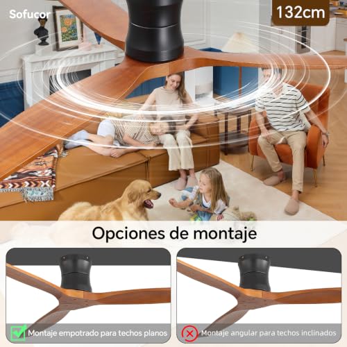 Sofucor 132cm Ventilador de Techo con Mando a Distancia, Madera Maciza Ventilador de Techo sin Luz, Silencioso DC, Temporizador, 3 Temperaturas de Color, 6 Velocidades para Salones