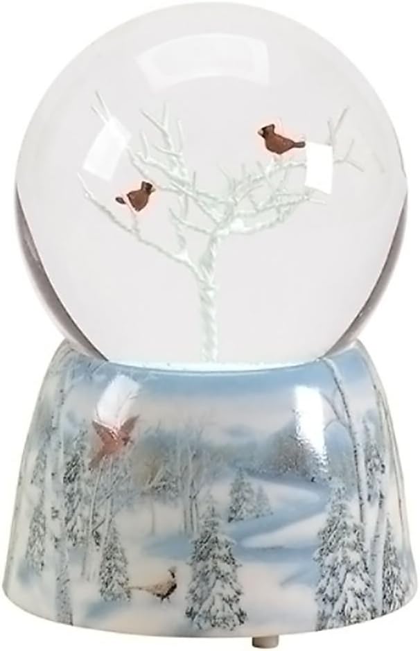 Snow Globes - Frosted White Winter Cardinals Musical 5 inch Resin Decorative Snow Globe