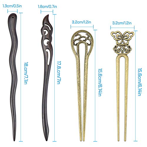 SelfTek 4 Pack Women Hair Sticks Antique Bronze and Wood Hair Chopsticks for Long Hair