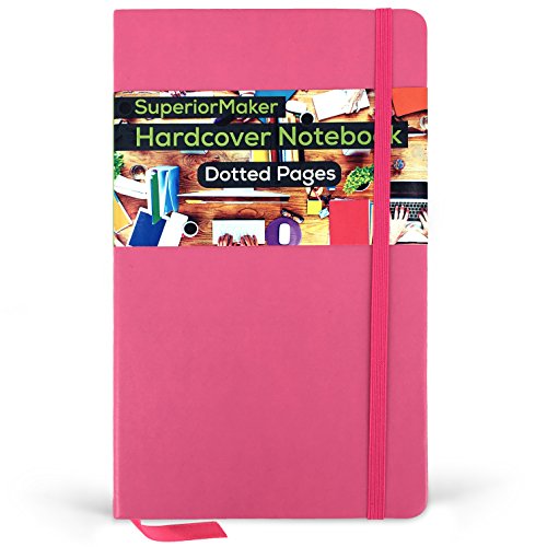 Dotted Notebook PINK 5x8.25 Hardcover, Bullet Journal, 240Pages -Best For School, Dotted Journal -100gsm Dotted Paper No Bleed Through, Elastic Closure, Page Marker, Pocket, BONUS Label Stickers