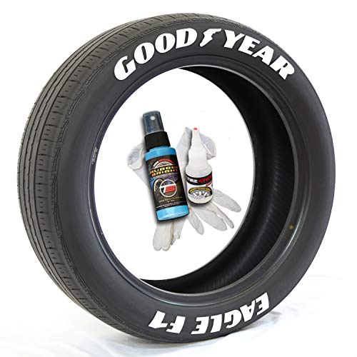 Tire Stickers Goodyear Eagle F1 - DIY Permanent Rubber Tire Lettering Kit with Glue & 2oz Touch-Up Cleaner / 19-21 Inch Wheels / 1.50 Inches/White 8 Pack