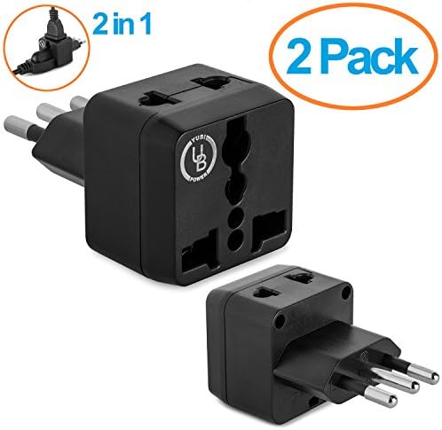 Italy Travel Adapter by Yubi Power 2 in 1 Universal International Travel Adapter plug with 2 Universal Outlets - Black - Type L for Chile, Ethiopia, Italy, Lybia, Syria, Tunisia, &amp; Uruguay 2 PACK