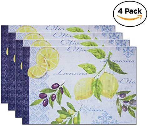 Edeesky PVC Placemats Set of 4 Simple Multiple Pictorial Style Durable Heat & Stain Resistant, Washable, Non-slip, Quick-dry for Table Mats Dining / Kitchen (12''x 18'') Lemon Summer