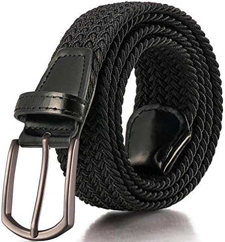 RANCHEZZ Men's Stretch Braided Belts, Woven Elastic Belt with Black/Silver Metal Buckle and Leather Tipped End