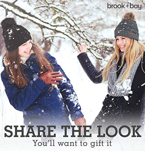 Brook + Bay Faux Fur Pom Pom Beanie for Women - Warm & Cute Cable Knit Winter Hats - Thick, Chunky & Soft Stretch Knitted Caps for Cold Weather - Stylish & Trendy Snow Beanies for Ladies