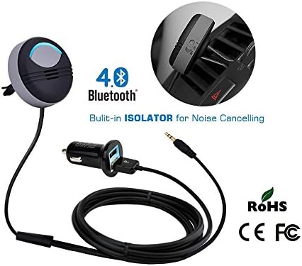 Universal Bluetooth 4.0 AUX Cable Hands-Free for Cars Aux Input Jack 3.5mm Cable with Bulit-in Mic, Echo / Noise &amp; Static Reduction Includes Dual USB Charger , Vent Mount &amp; Standard Base