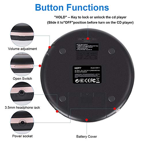 HOTT Portable CD Player Personal Small Walkman CD Disc Player, with Electronic Anti-Skip Anti-Shock Protection (Black)