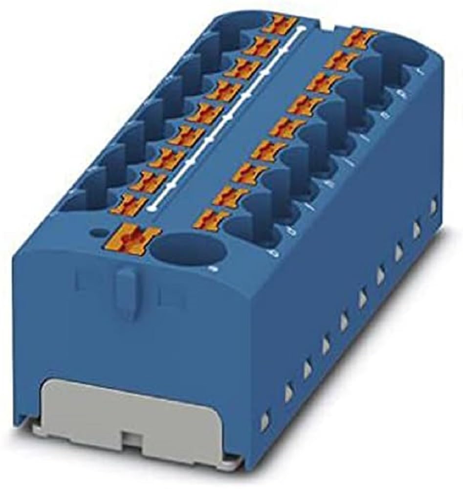 PHOENIX CONTACT PTFIX 10/18X4 BU Distribution Block, 450 V, 32 A, Number of Connectors 19, Cross Section 0.2 mm² - 6 mm², AWG 24-10, Width 64.8 mm, Height 21.7 mm, Blue, Pack of 8