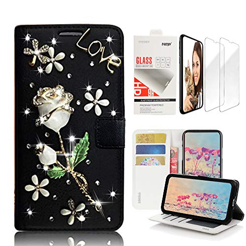 STENES Bling Wallet Case Compatible Samsung Galaxy S9, 3D Handmade Pretty Rose Flowers Floral Design Leather Case with Wrist Strap & Screen Protector [2 Pack] - Black - Thumbnail 4