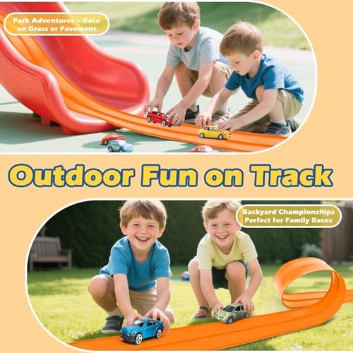 Flex Tracks 15 Ft Starter Set Flexible Race Track for Kids, Race Car Ramp Track Compatible with Hot Wheels and Diecast 1/64th Cars,Rolls Up Race Tracks with Strong Suction Cups (Orange)