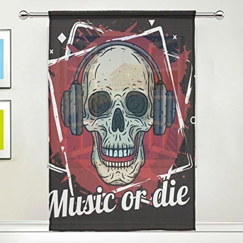 XMCL Window Sheer Curtains Skull With Headphones Decorative Extra Wide for Living Room Bedroom Kitchen Window Voile Panel 78-84 Inch Long