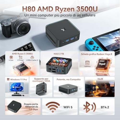 Huidun 2026 Ryzen 5 H80 Mini PC, 16GB DDR4 RAM 512GB SSD, Win-11 Pro, Micro Desktop Computer with Radeon Graphics, 4K@60Hz Dual Display, WiFi/BT/USB 3.2, Ideal for Office, Home and Studio