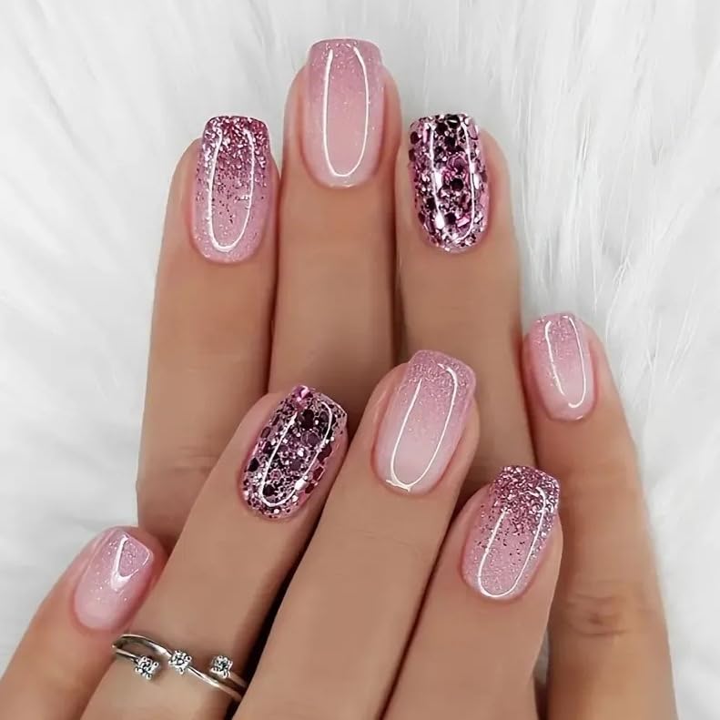 Photo 1 of 24Pcs Pink Press on Nails Short Square Fake Nails with Glitter Sequins Designs Glue on Nails Glitter Pink Gradient French Tips Stick on Nails Glossy Full Cover Acrylic Nails for Women Decor