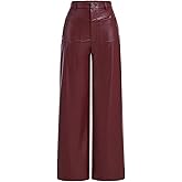 MakeMeChic Women's Leather Pants High Waist Wide Leg Pants Elastic Straight Party Trousers with Pockets