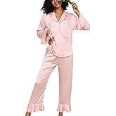 Brosloth Womens Silk Pajamas Long Ruffle Sleeve Satin Pajama Set Butterfly Button Up Cute Pj Sets