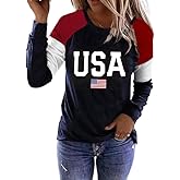 Roshop 4th of July Patriotic Women's Long Sleeve Glittering American Flag Star Stripes Tops