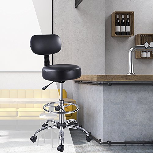 Drafting Stool with Adjustable Foot Rest, Superjare Rolling Chair w' Back Cushion, Black