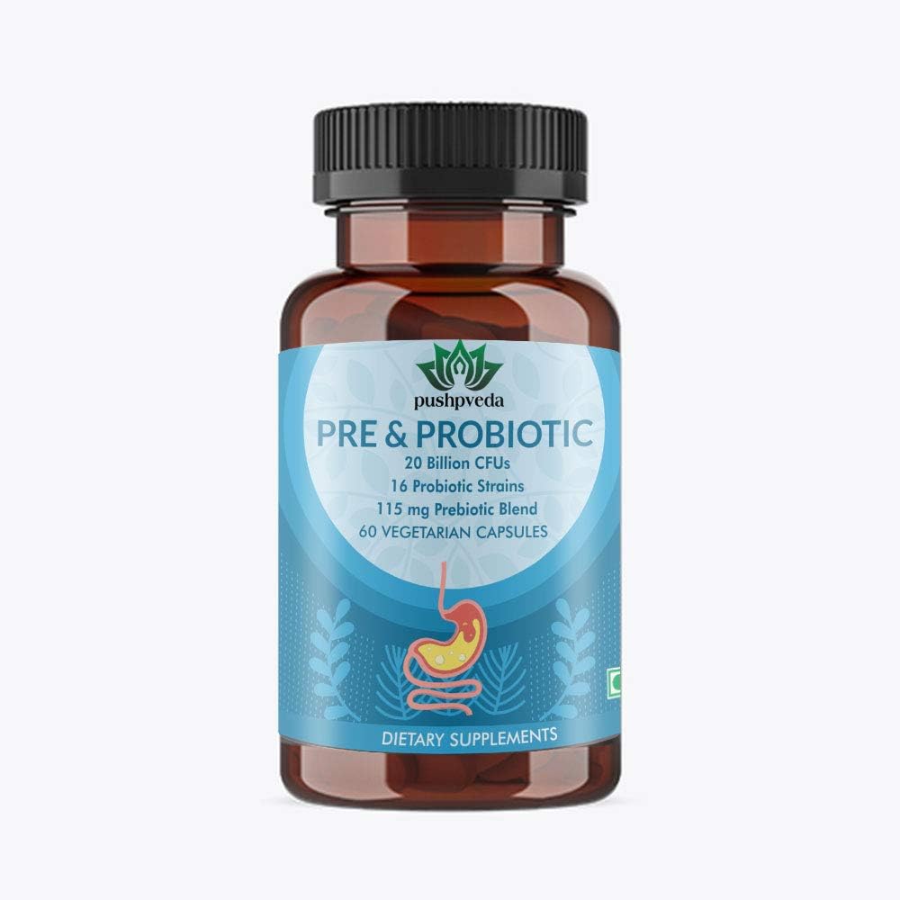 Madren Healthcare Pushpveda Pre & Probiotics Supplement 20 Billion, 16 Strains with Prebiotics, 60 Vegetarian Capsules