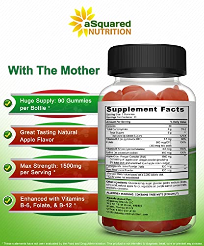 aSquared Nutrition Apple Cider Vinegar Gummies - 1500mg Per Serving - with The Mother - 90 ACV Gummies w/Vitamin B6 & B12, Folic Acid - Vegan Gummy Supplement Alternative to Capsules Pills & Drink