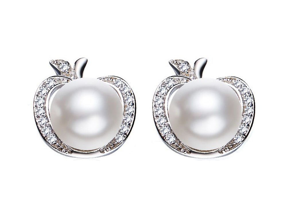 findout pearl earrings for women sterling silver Hypoallergenic freshwater pearl Cubic Zircons apple stud earrings gift for women girls with jewelry box(f1757)