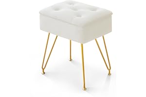 ALeesing Vanity Stool Chair with Storage, Square Velvet Makeup Vanity Chair with Metal Legs & Adjustable Gold Feet, Flip Top Ottoman Foot Rest with Soft Padded Seat for Bedroom Living Room