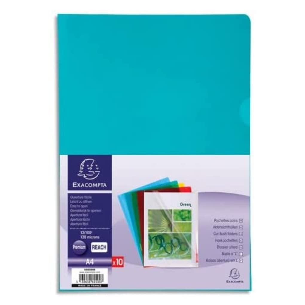 Exacompta - Ref 660500E - PVC Cut Flush Folder - Suitable for Holding A4 Documents, 0.1mm Clear PVC, Top & Right Openings, Cut Out for Easy Opening - Assorted Colours (Bag of 10)