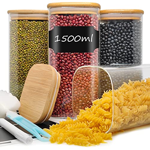 YOCOLE 1500ml Tarros de Cristal con Tapa de Bambu, 4pcs Tarros de Vidrio Cocina Almacenaje, Botes Cristal, Frascos de Vidrio para Cereales Granos Pasta