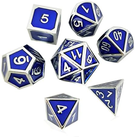 Yiotfandoll 7PCS Zinc Alloy Metal Dice Polyhedral Dice D20 D12 D10 D8 D6 D4 for Dungeons and Dragons DND RPG MTG Dice Table Games 16mm Blue Silver with Bag
