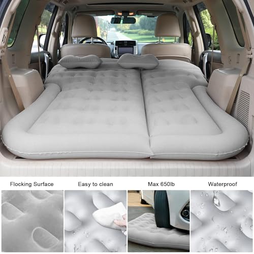 SUV Car Air Mattress for Camping & Travel, Thick Inflatable Bed with Two Pillows, Portable Car Air Pump Included, Comfortable Backseat Sleeping Pad for Outdoor Road Trips (Grey)