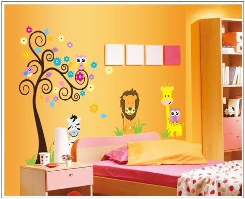 New Design Tree with Lion Giraffe Owls and Zebra DIY Wall Decal Nursery Room Wall Sticker