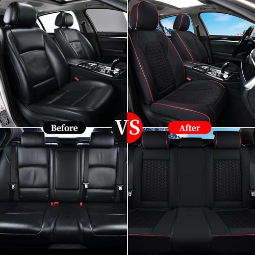 Coverado Leather Car Seat Cover for 5 Seaters, Breathable Car Seat Protector with Embossed Grains, Waterproof Universal Car Seat Covers for Sedan SUV Truck